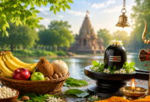 सावन में व्रत रखने के वैज्ञानिक और धार्मिक महत्व को दर्शाता शिवलिंग एवं पूजा सामग्री का दृश्य