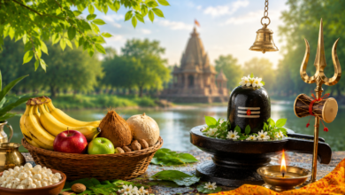 सावन में व्रत रखने के वैज्ञानिक और धार्मिक महत्व को दर्शाता शिवलिंग एवं पूजा सामग्री का दृश्य