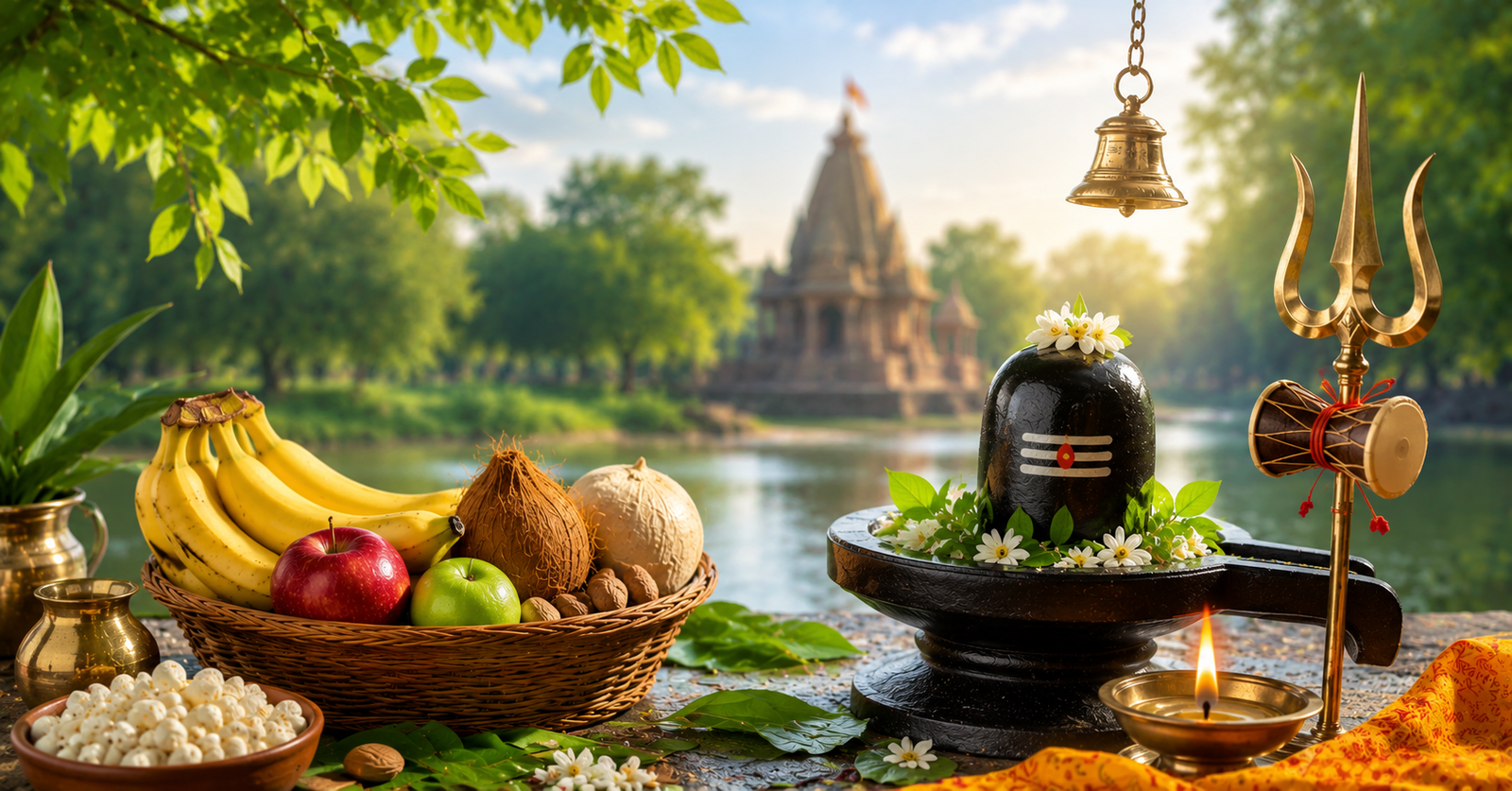 सावन में व्रत रखने के वैज्ञानिक और धार्मिक महत्व को दर्शाता शिवलिंग एवं पूजा सामग्री का दृश्य
