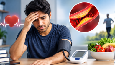 युवाओं में High BP के कारण, लक्षण और बचाव को दर्शाता स्वास्थ्य जागरूकता चित्र