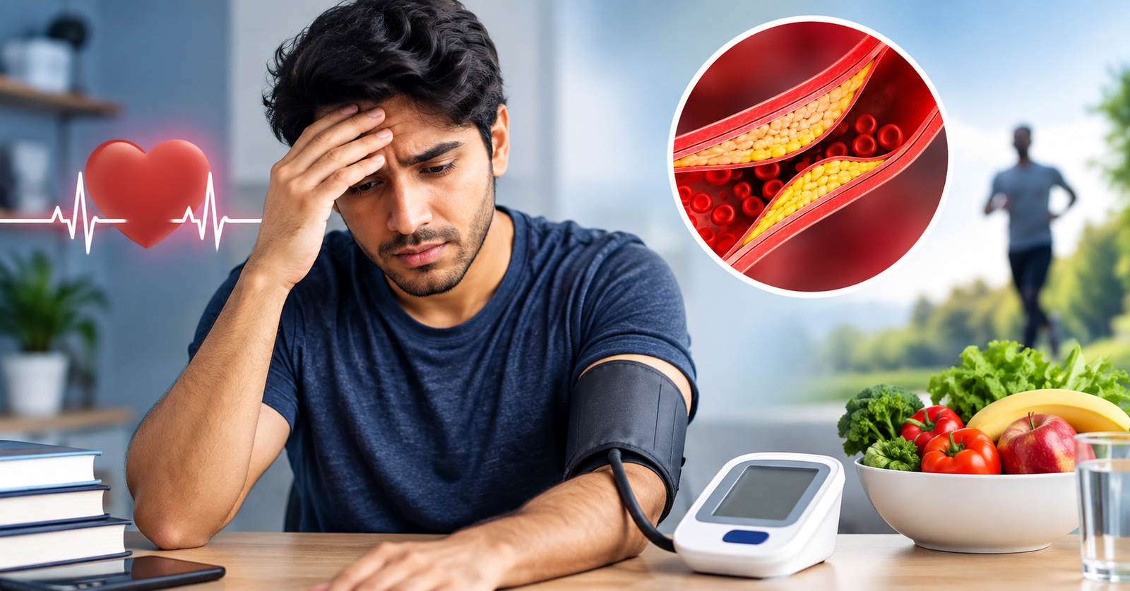 युवाओं में High BP के कारण, लक्षण और बचाव को दर्शाता स्वास्थ्य जागरूकता चित्र