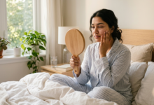 A woman sitting in a sunlit bedroom on her bed in morning pajamas, looking into a wooden handheld mirror and touching her cheek with a concerned expression to inspect morning facial swelling.