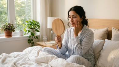 A woman sitting in a sunlit bedroom on her bed in morning pajamas, looking into a wooden handheld mirror and touching her cheek with a concerned expression to inspect morning facial swelling.
