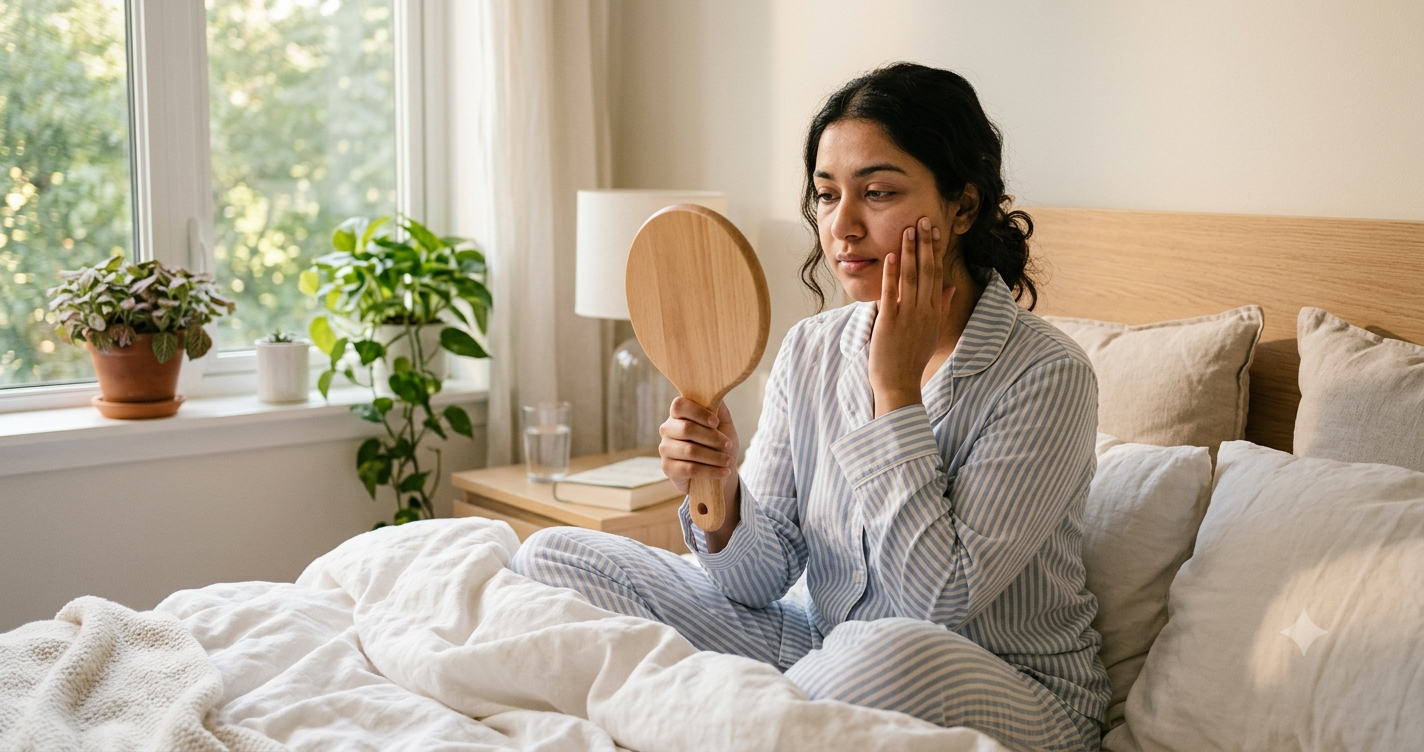 A woman sitting in a sunlit bedroom on her bed in morning pajamas, looking into a wooden handheld mirror and touching her cheek with a concerned expression to inspect morning facial swelling.